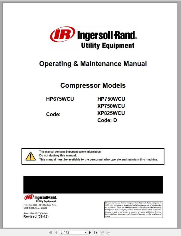 Ingersoll Rand Portable Compressor XP825 Parts Manual Operation and Maintenance Manual 2013