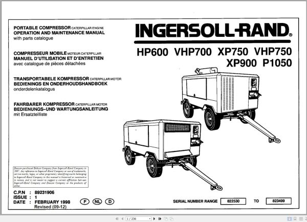 Ingersoll Rand Portable Compressor XP900 Parts Manual Operation and Maintenance Manual 2012