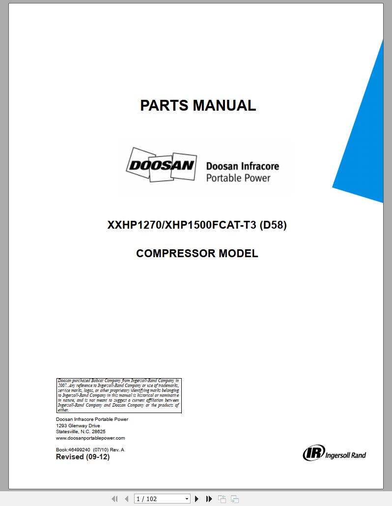 Ingersoll Rand Portable Compressor XXHP1270 XHP1500 Parts Manual 2012
