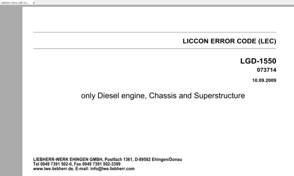 Liebherr Cranes LGD1550 LG1550 LR1550 73713 Operators Manual Liccon Error Code Schematic 9 1