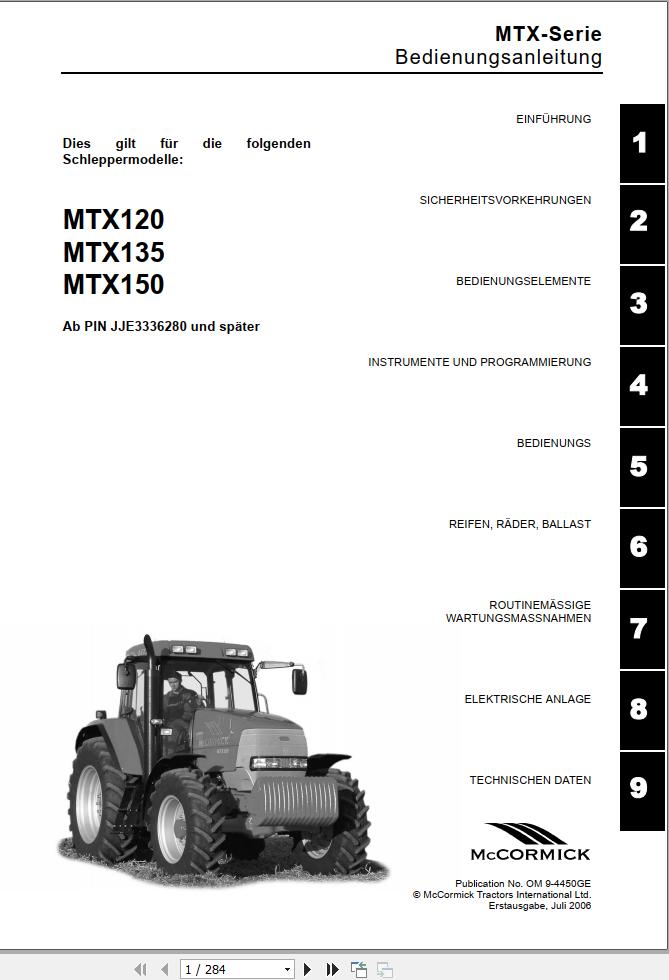 McCormick Tractor MTX Operation Manual DE