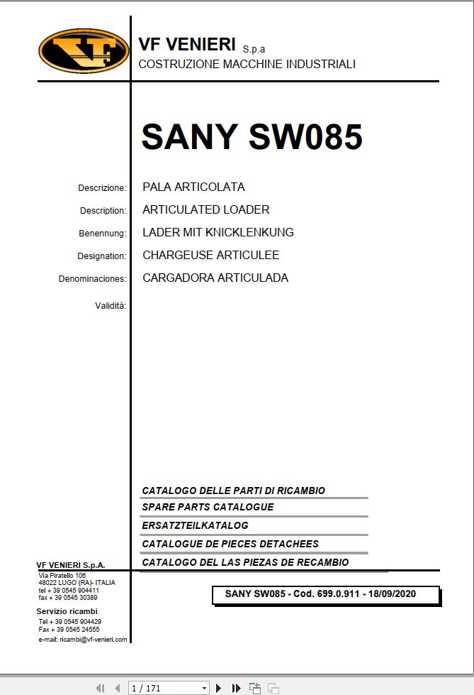 Sany Articulated Loader SW085 Spare Parts Catalog