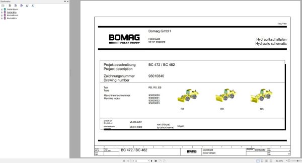 Bomag BC 472 BC 462 Drawing No.93010840 Hydraulic Schematic 2009 EN DE