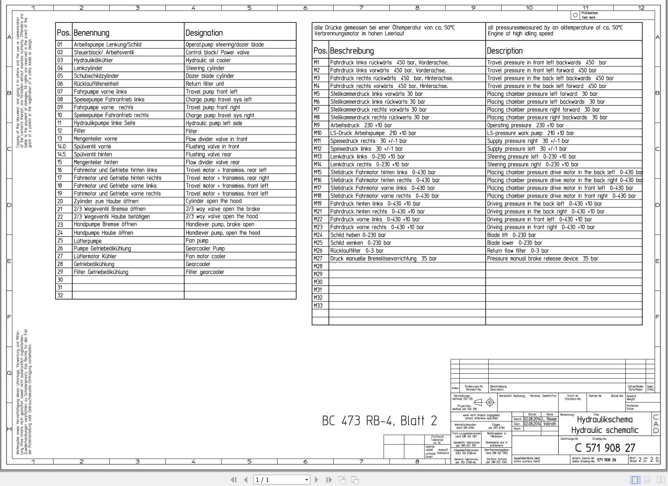 Bomag BC 473 RB 4 Blatt 2 Drawing No.C57190827 00 002 Hydraulic Schematic 2014 EN DE