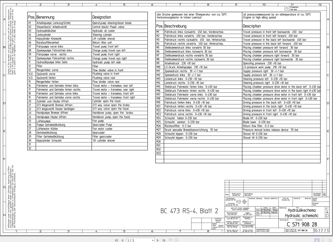 Bomag BC 473 RS 4 Drawing No.C57190828 00 002 Hydraulic Schematic 2014 EN DE