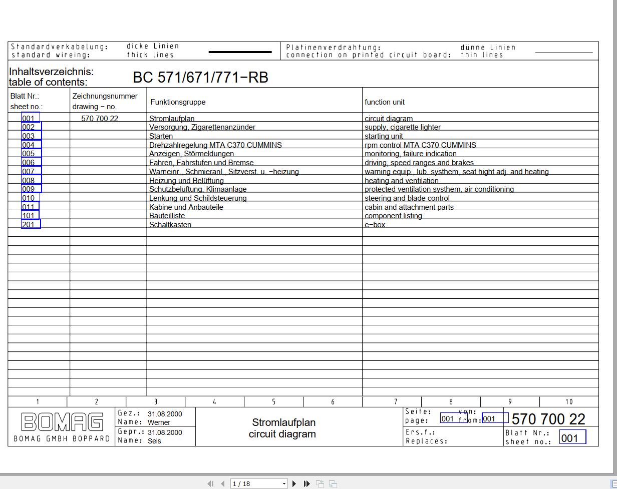 Bomag BC 571 671 771 RB Drawing No.57070022 Circuit Diagram 2000 EN DE