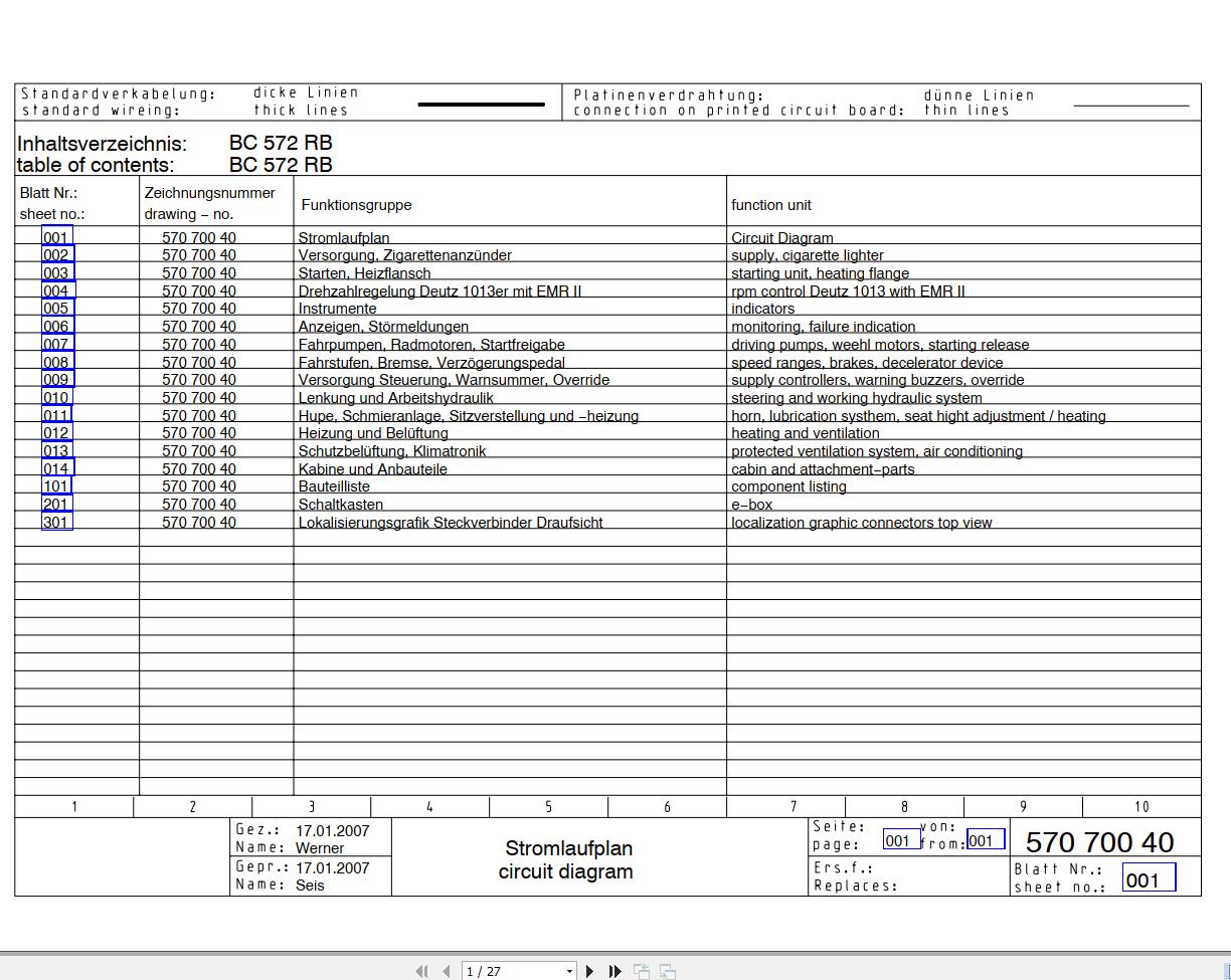 Bomag BC 572 RB Drawing No.57070040 Circuit Diagram 2007 EN DE