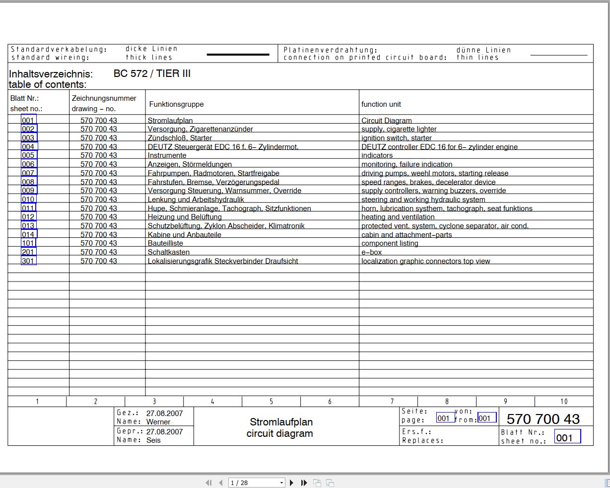 Bomag BC 572 Tier III Drawing No.57070043 Circuit Diagram 2007 EN DE