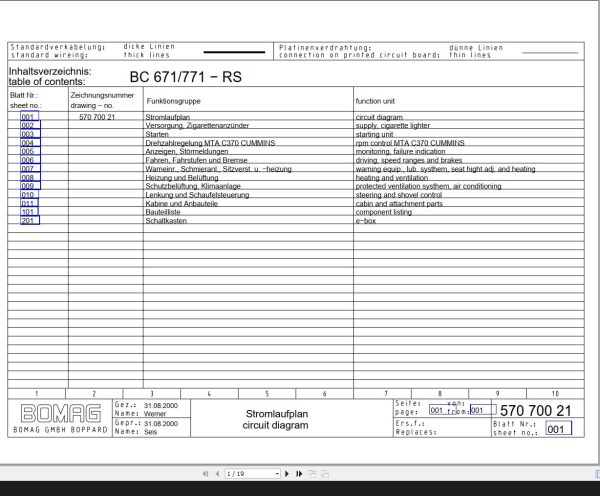 Bomag BC 671 771 RS Drawing No.57070021 00 Circuit Diagram 2000 EN DE