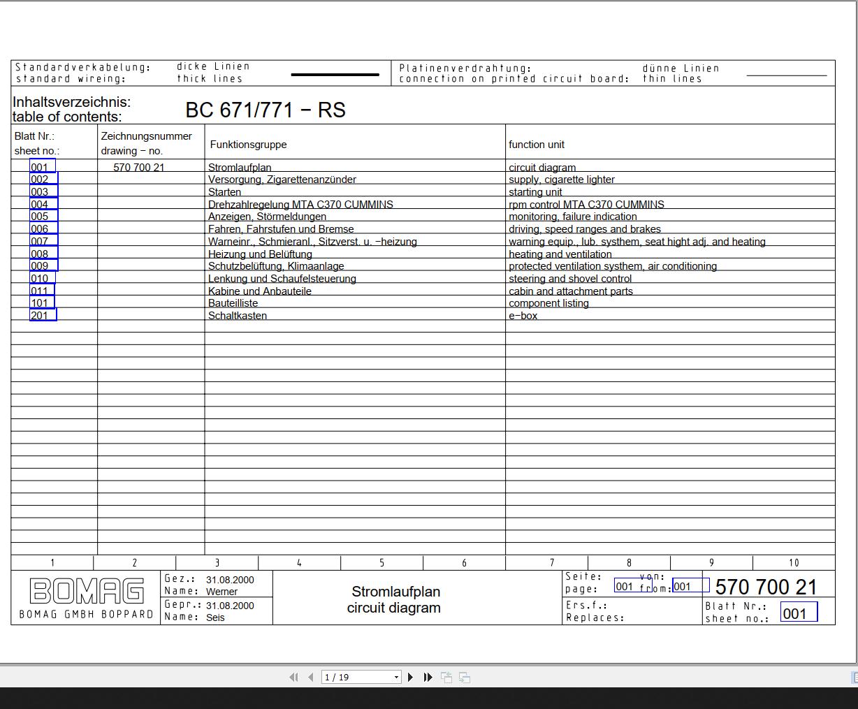 Bomag BC 671 771 RS Drawing No.57070021 00 Circuit Diagram 2000 EN DE