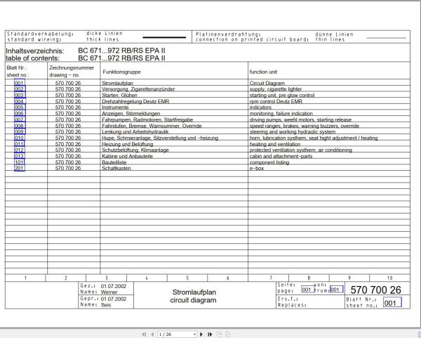 Bomag BC 671…972 RB RS EPA II Drawing No.57070026 Circuit Diagram 2002 EN DE