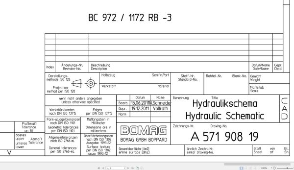 Bomag BC 972 1172 RB 3 Drawing No.A57190819 Hydraulic Schematic 2011 EN DE