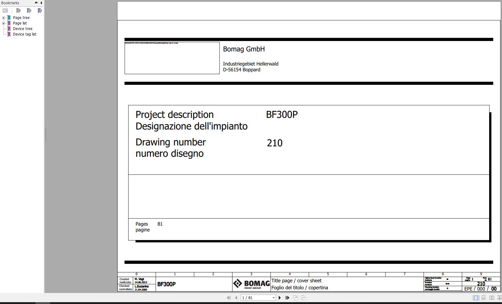 Bomag BF300P Wiring Diagram Function.210 2013 EN IT