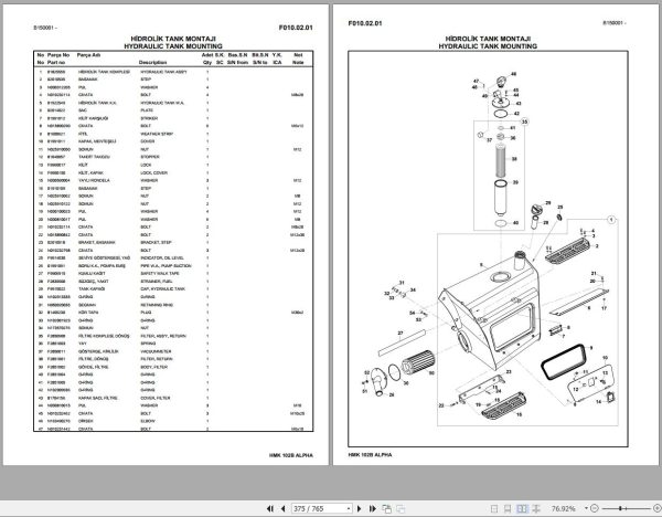 Hidromek Backhoe Loader HMK 102B ALPHA Spare Parts Catalog B150001 HUSCO EN TR 1