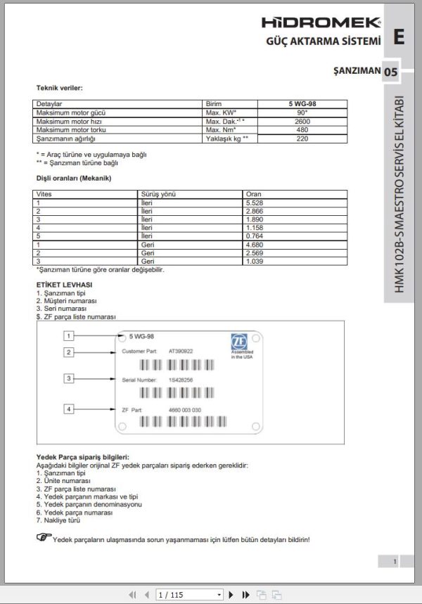 Hidromek Backhoe Loader HMK 102B S Maestro Power Transmission Service Manual TR