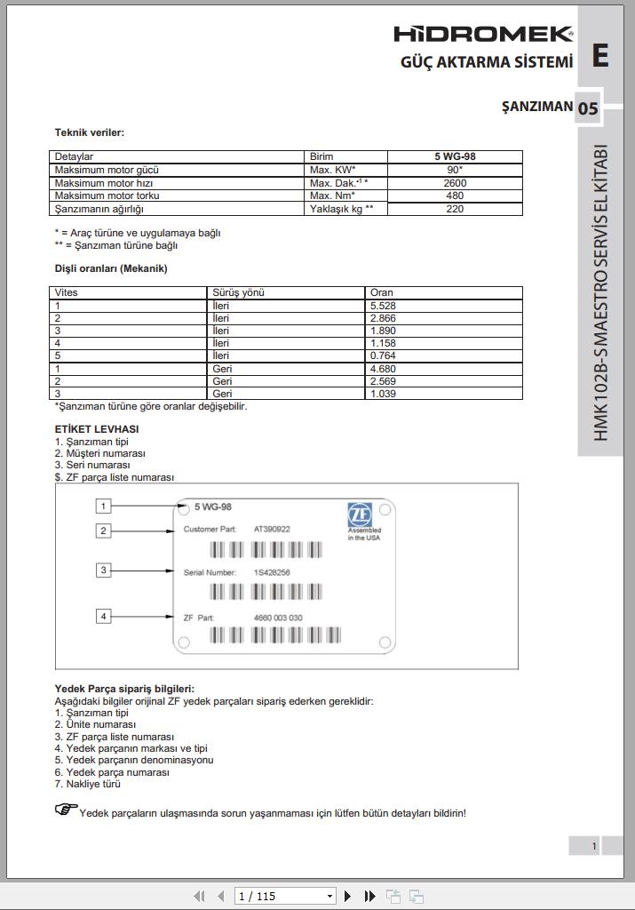Hidromek Backhoe Loader HMK 102B S Maestro Power Transmission Service Manual TR