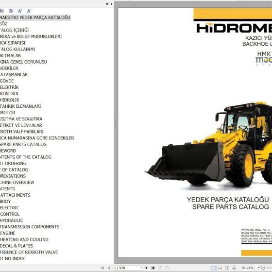 Hidromek Backhoe Loader HMK 102S MAESTRO Spare Parts Catalog A80001