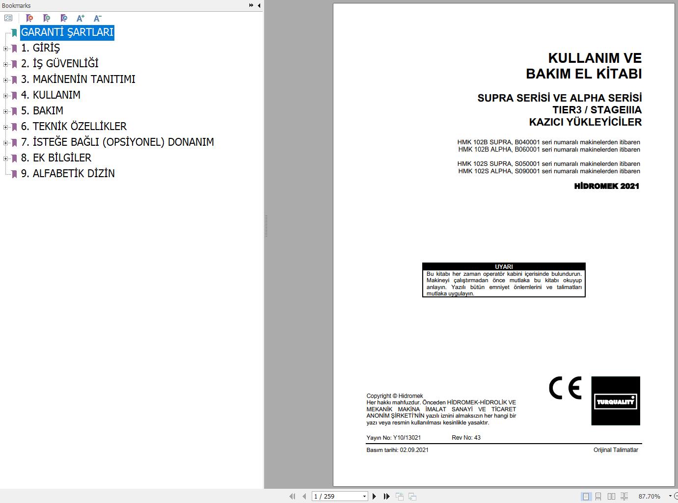 Hidromek Backhoe Loader HMK102B HMK102S Supra Alpha Operation and Maintenance Manual TR