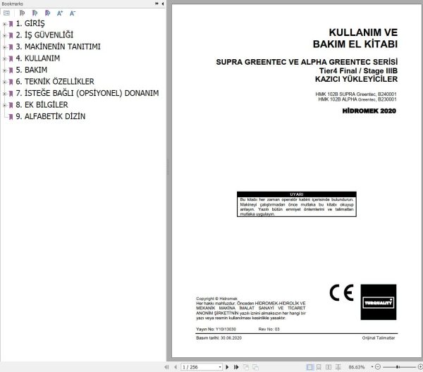Hidromek Backhoe Loader HMK102B Supra Alpha Greentec Operation and Maintenance Manual TR