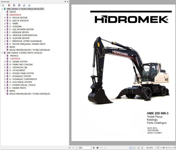 Hidromek Excavator HMK 200 NW 3 Spare Parts Catalog C122001 Izusu Engine EN TR