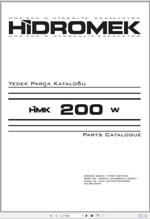 Hidromek Excavator HMK 200 W Spare Parts Catalog 3123001 EN TR