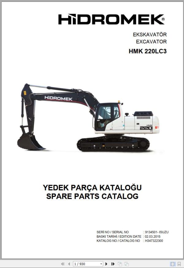 Hidromek Excavator HMK 220 LC 3 Spare Parts Catalog 9134501 Izusu Engine EN TR