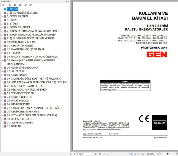 Hidromek Excavator HMK140LC 3 to HMK490LC 3 Operation and Maintenance Manual TR