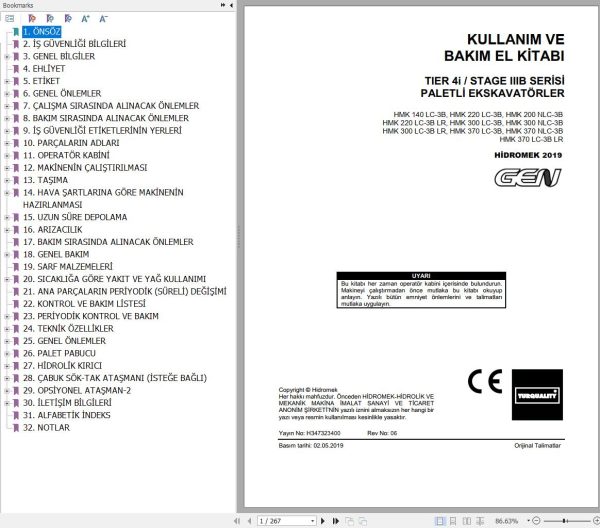 Hidromek Excavator HMK140LC 3B to HMK370LC3BLR Operation and Maintenance Manual TR