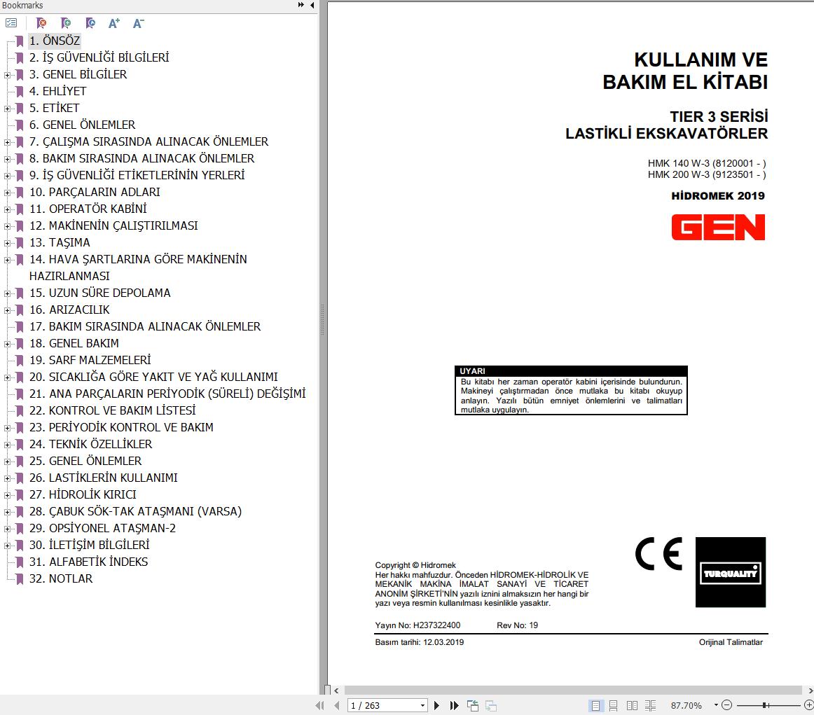 Hidromek Excavator HMK140W 3 HMK200W 3 Operation and Maintenance Manual TR