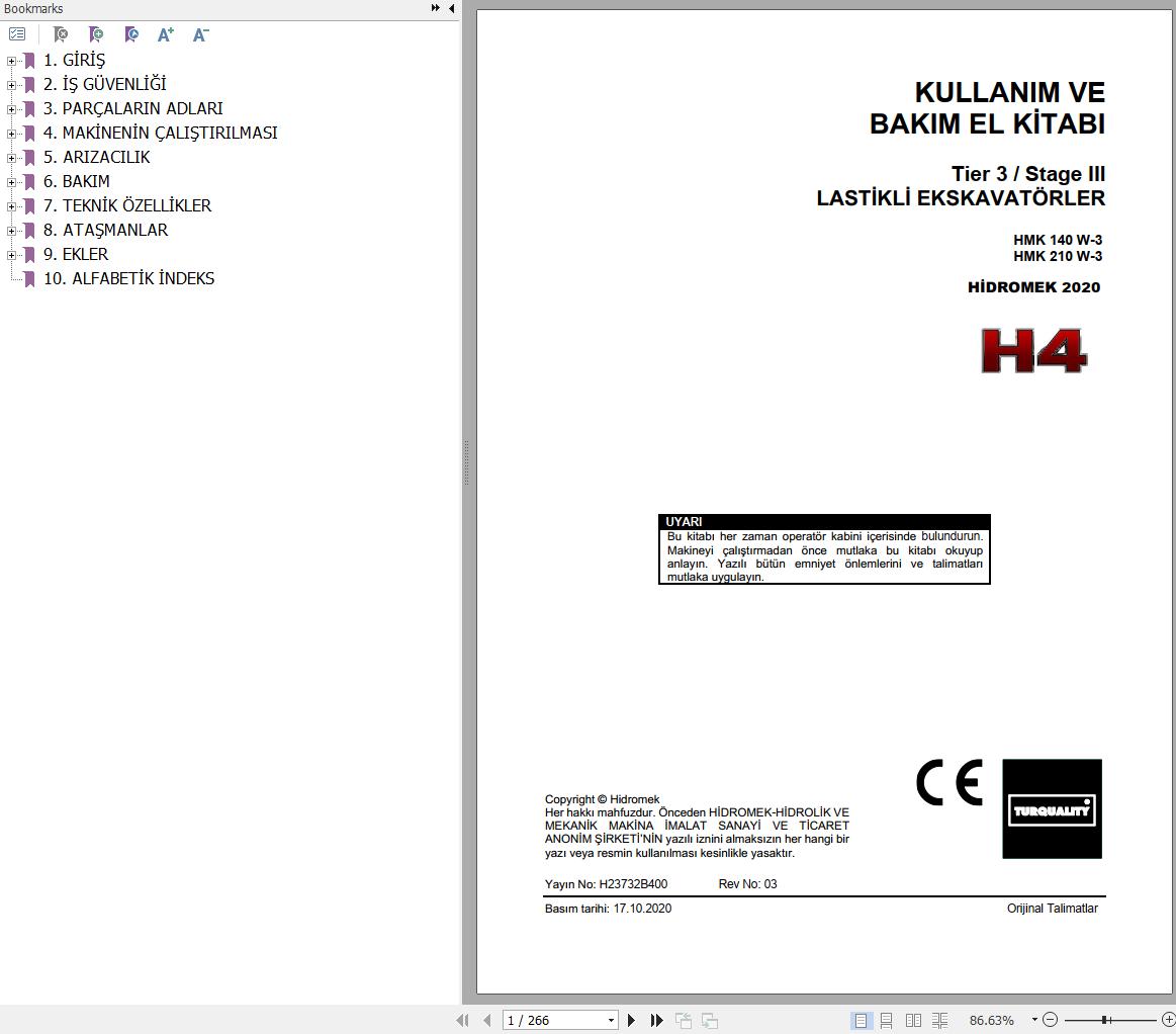 Hidromek Excavator HMK140W 3 HMK210W 3 Operation and Maintenance Manual TR