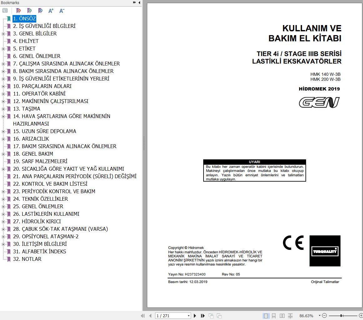 Hidromek Excavator HMK140W 3B HMK200W 3B Operation and Maintenance Manual TR