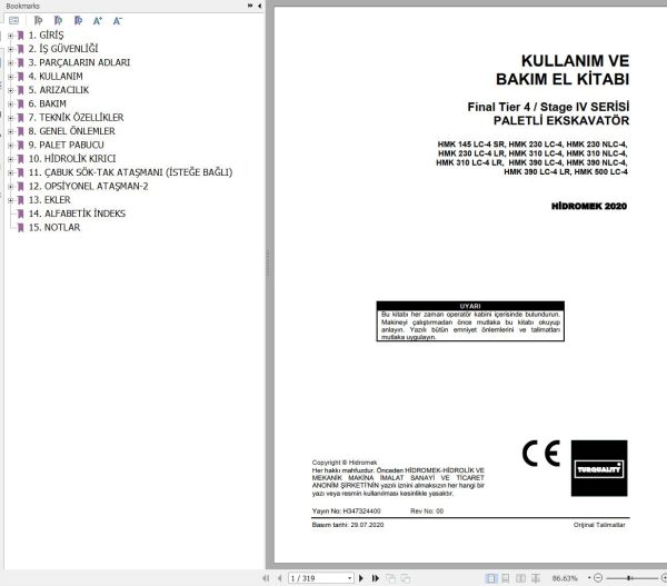 Hidromek Excavator HMK145LC 4SR to HMK500LC 4 Operation and Maintenance Manual TR