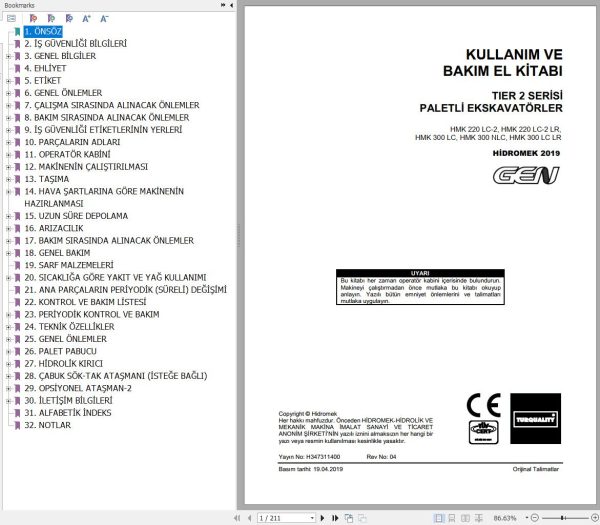Hidromek Excavator HMK220LC 2 to HMK300LCLR Operation and Maintenance Manual TR