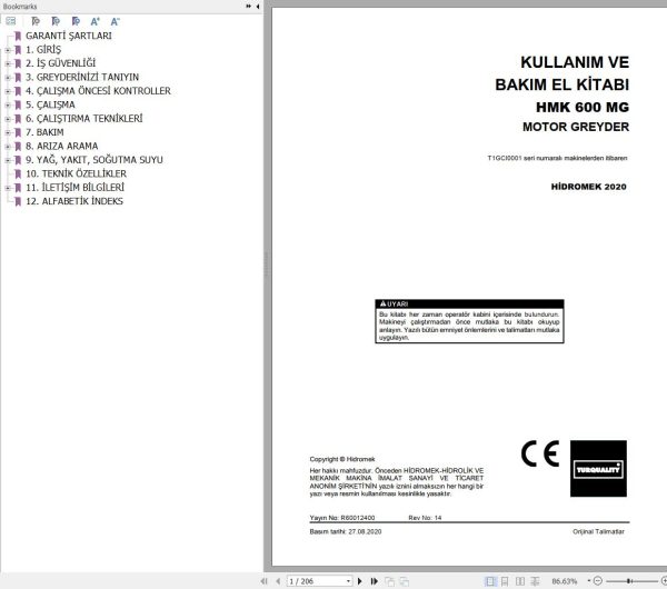 Hidromek Motor Grader HMK600MG Operation and Maintenance Manual TR