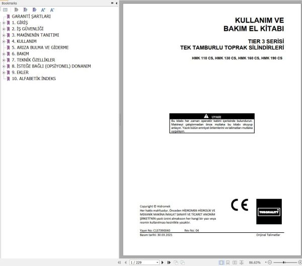 Hidromek Soil Compactors HMK110CS to HMK190CS Operation and Maintenance Manual TR