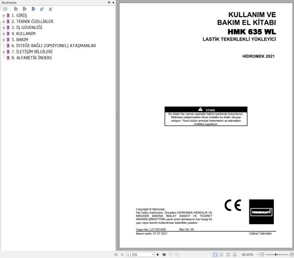 Hidromek Wheel Loader HMK635WL Operation and Maintenance Manual TR
