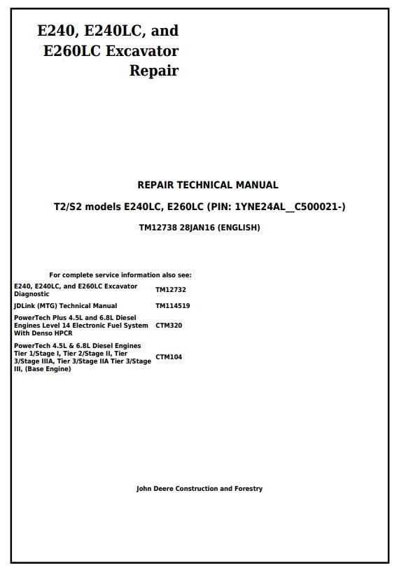 John Deere E240 E240LC and E260LC T3S3A Excavator Service Repair Technical Manual PDF TM12738 1