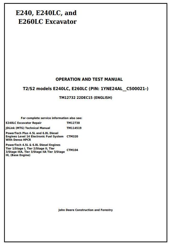 John Deere Excavator E240 E240LC E260LC T3S3A Diagnostic Operation and Test Manual Diagrams PDF 3