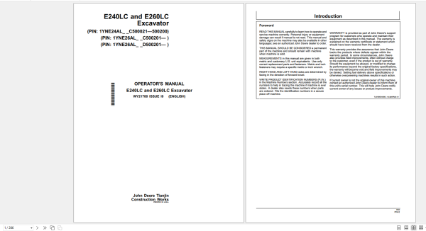 John Deere Excavator E240LC E260LC Operator Manual 1