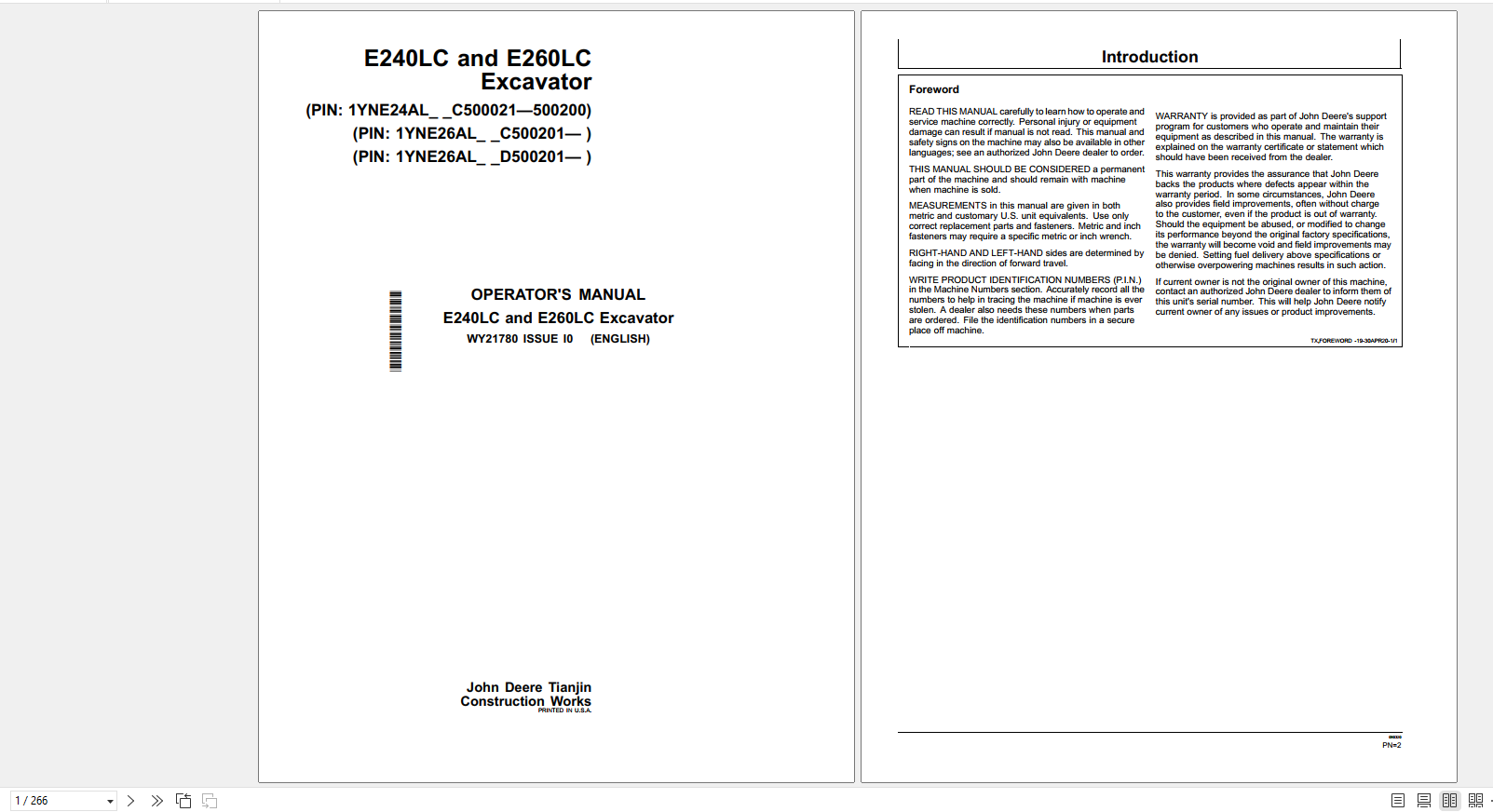 John Deere Excavator E240LC E260LC Operator Manual 1