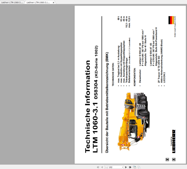 Liebherr Crane LTM 1060 3.1 Z058304 Technical Information Operating Manual Diagrams EN DE 6