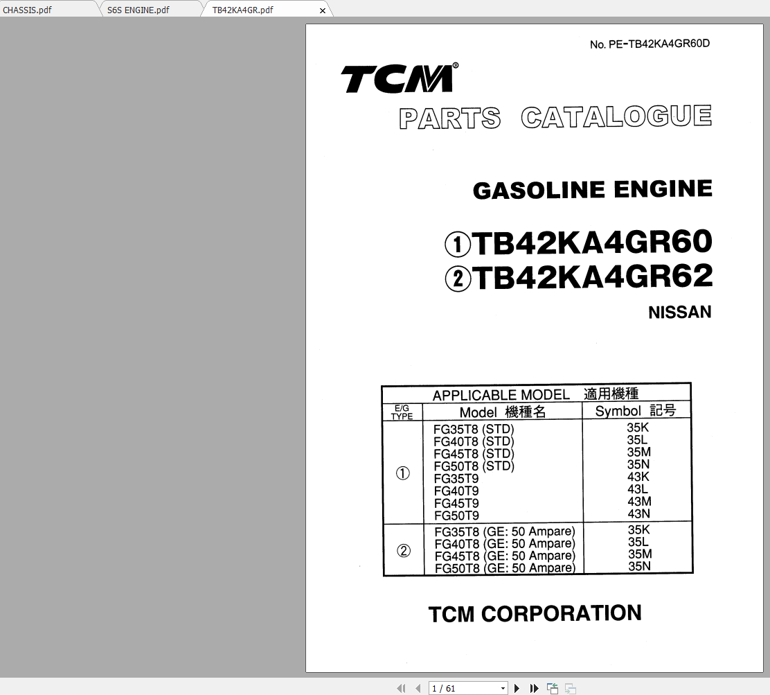 TCM Forklift Truck FG35T9FD50T9 Spare Parts Catalog