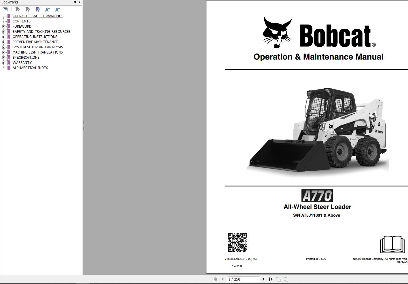 Bobcat All Wheel Steer Loader A770 Operation and Maintenance Manual 2020