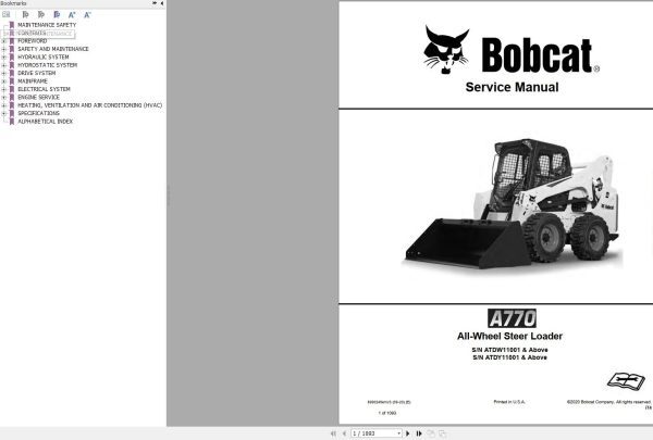 Bobcat All Wheel Steer Loader A770 Service Manual 2020