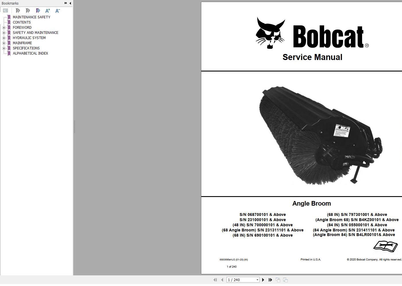 Bobcat Angle Broom 48 68 84 Service Manual 6900895 01.2020