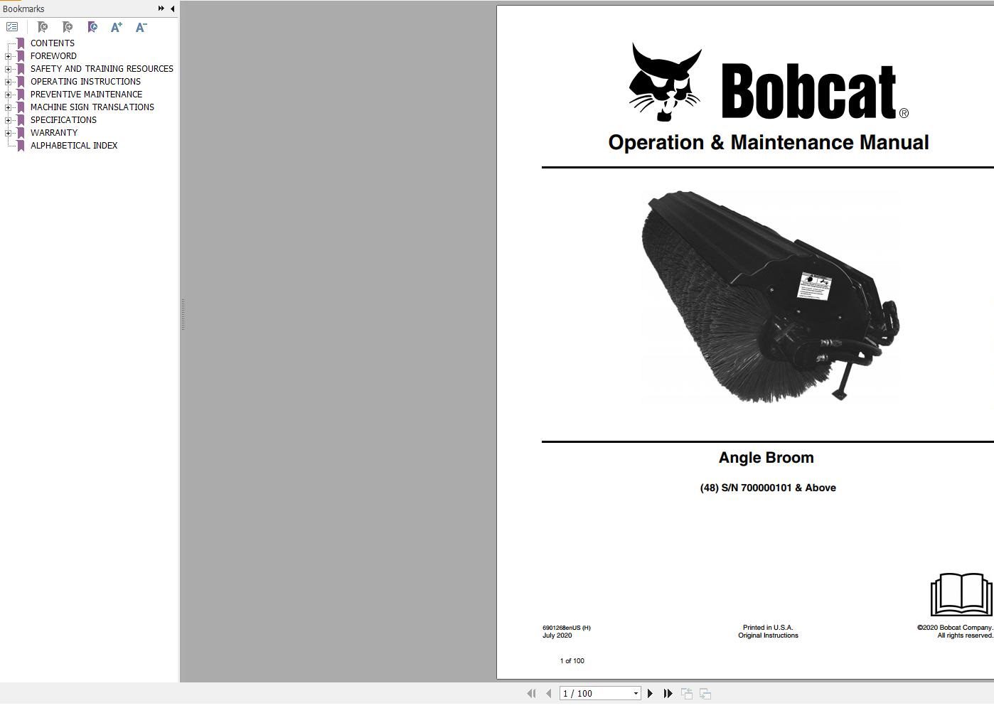 Bobcat Angle Broom 48 Operation and Maintenance Manual 6901268 07.2020
