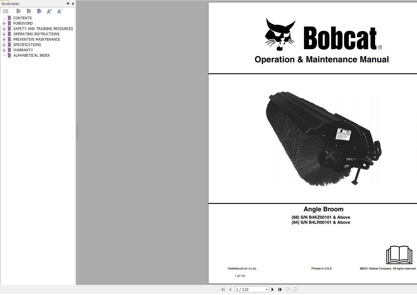 Bobcat Angle Broom 68 84 Operation and Maintenance Manual 7349525 01.2021