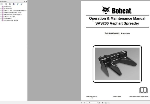 Bobcat Asphalt Spreader SAS200 Operation and Maintenance Manual 7398837 2020