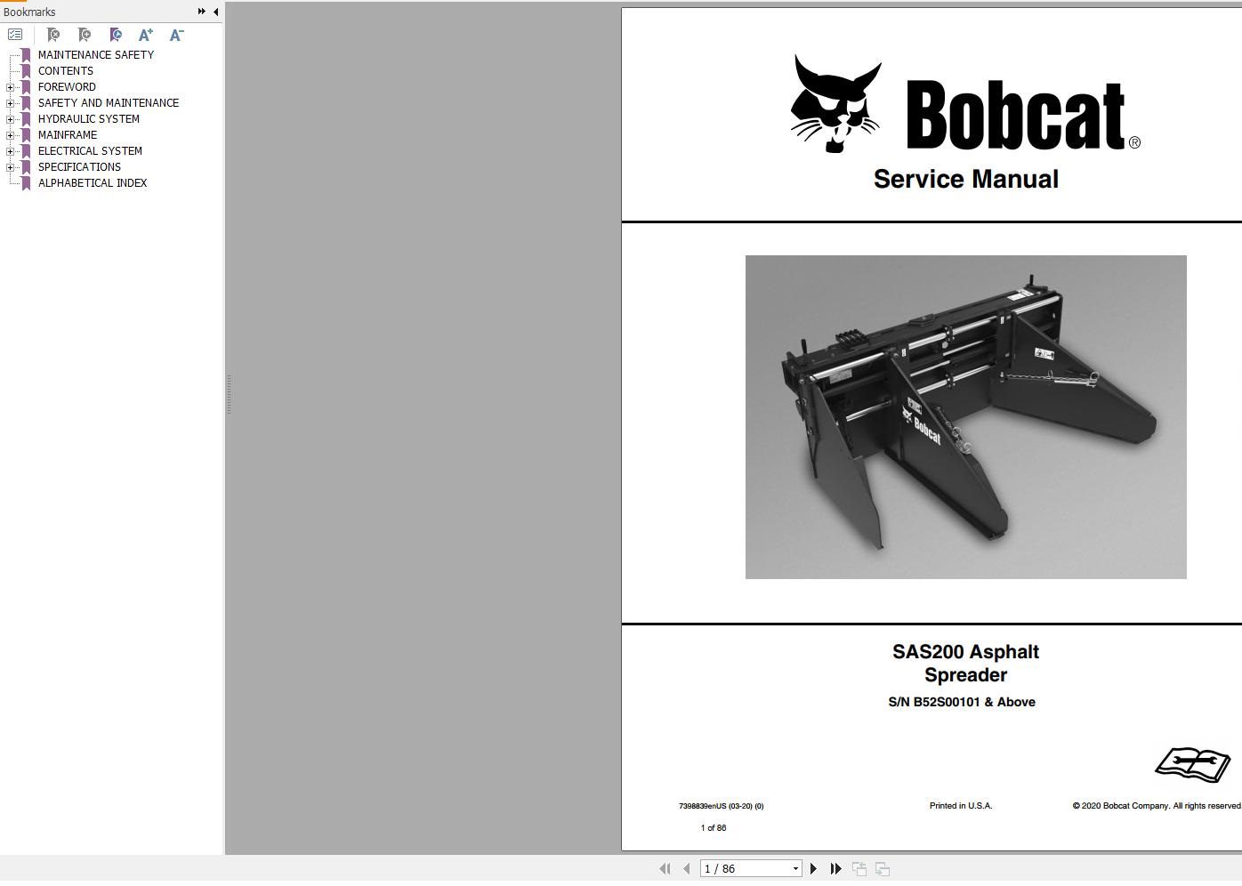 Bobcat Asphalt Spreader SAS200 Service Manual 7398839 03.2020
