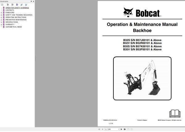 Bobcat Backhoe B32S B32V B35S B35V Operation and Maintenance Manual 7398835 2020